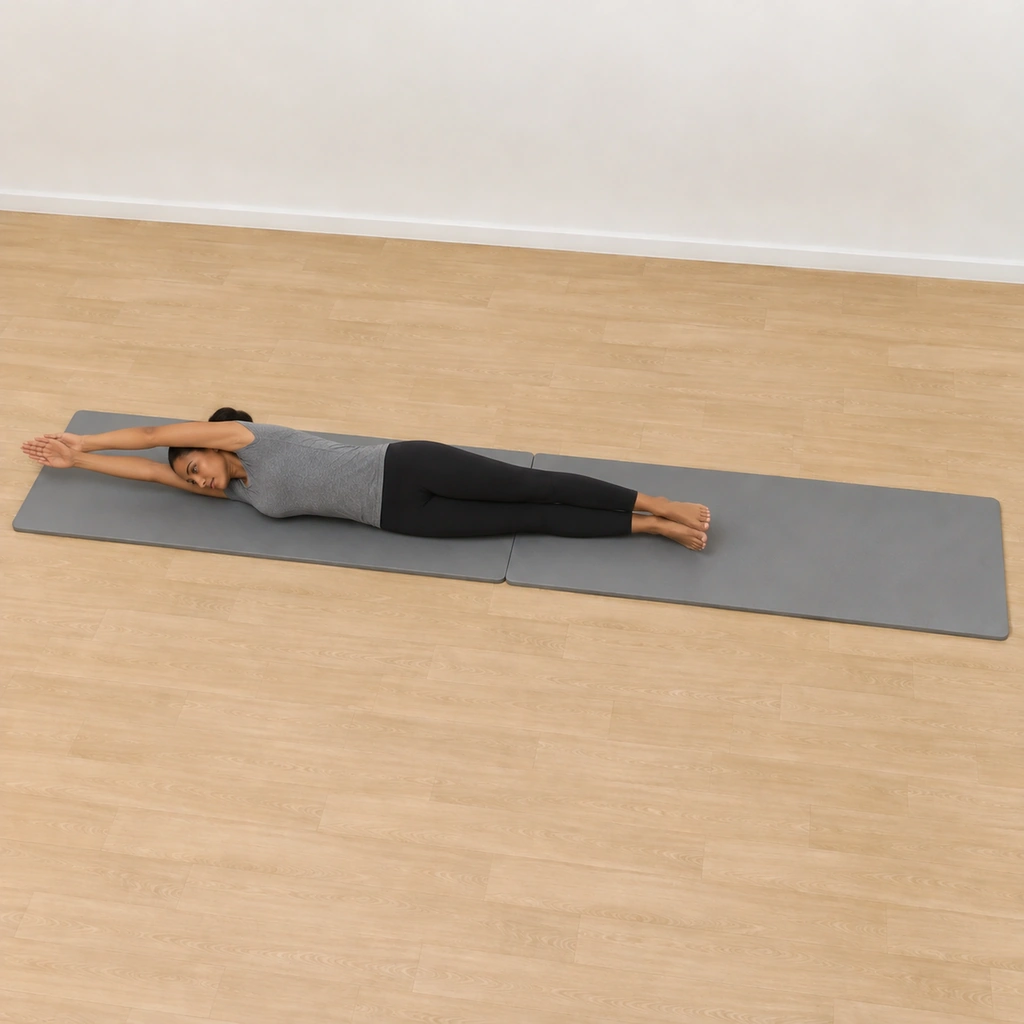 The same woman midway through a sideways roll, her body turned onto its right side on the mats, arms still straight overhead and legs still straight together.