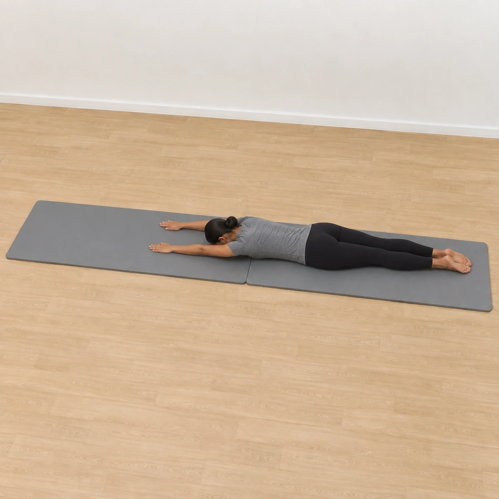The same woman lying face down on the mats after completing a half roll, both arms straight overhead and both legs straight and together, further along the mats than before.