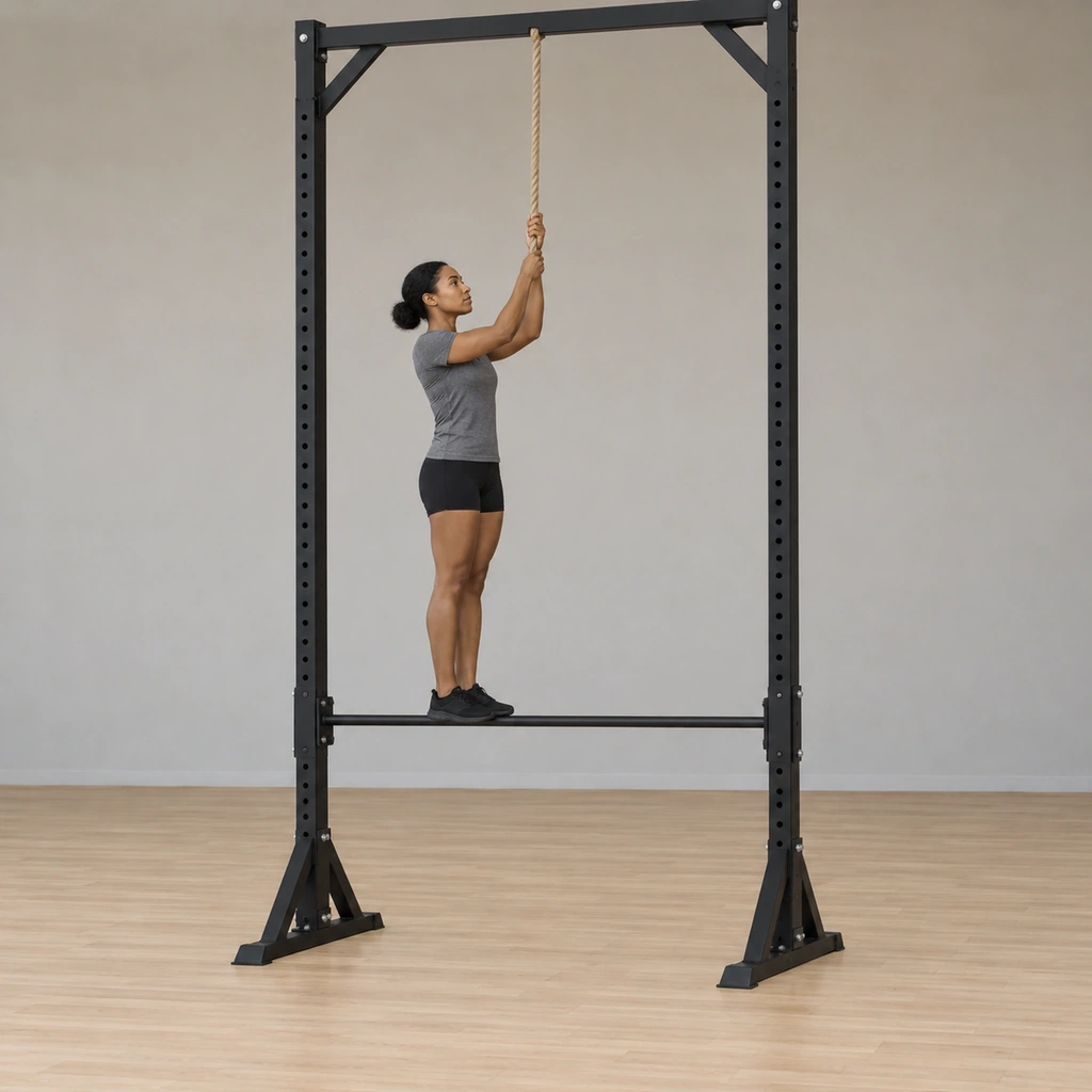 She stands upright on the locked horizontal bar, gripping the hanging rope with both hands, body straight.