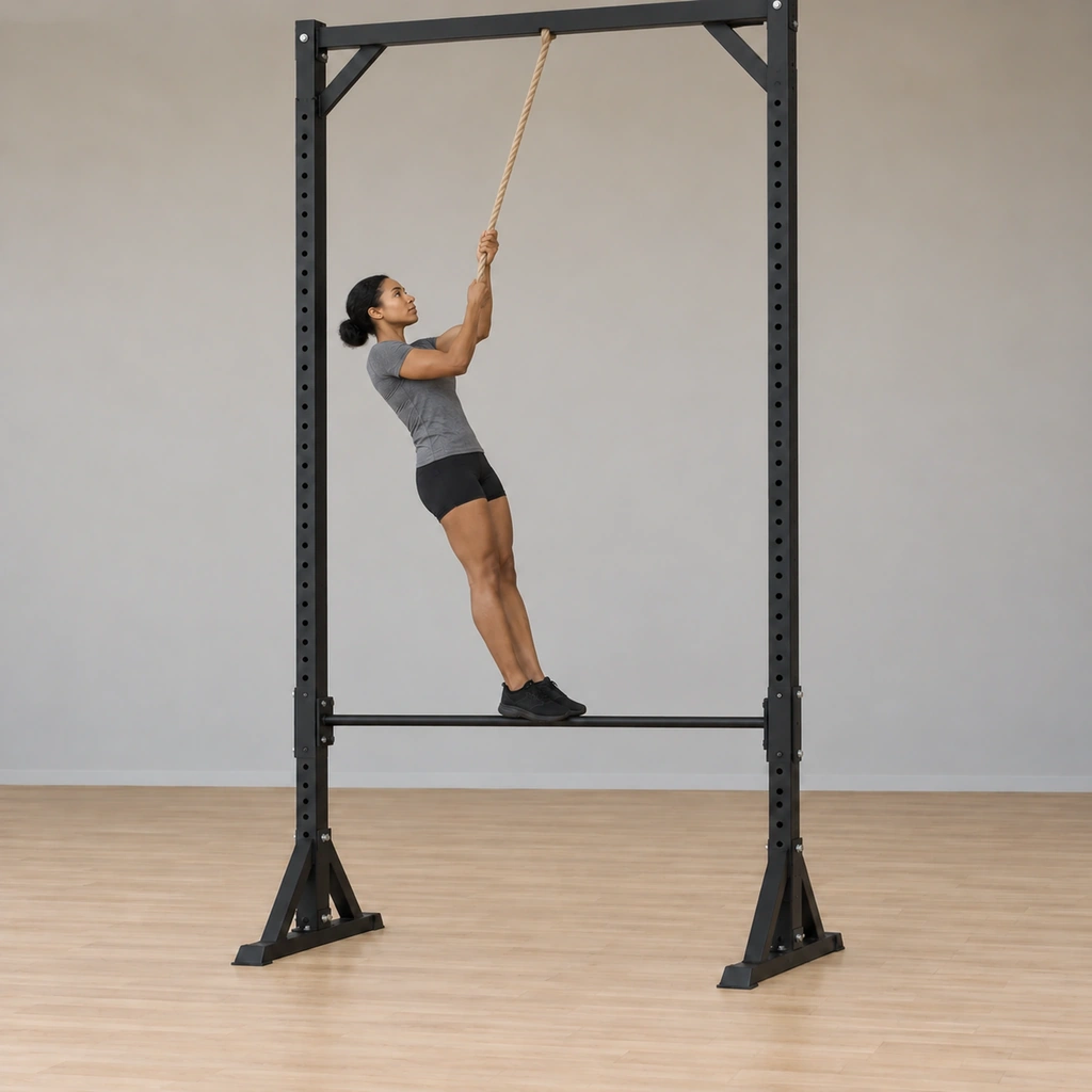 She leans her straight body back, walking her hands down the hanging rope hand over hand while her feet stay planted on the bar.