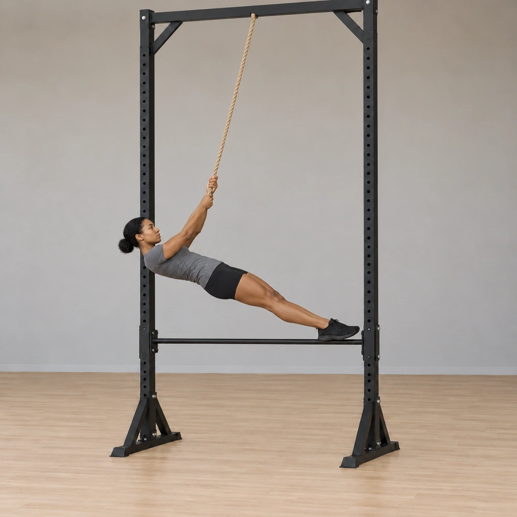 She holds her straight body perpendicular to the ground, leaning back nearly horizontal, hands gripping the angled rope, feet still on the bar.