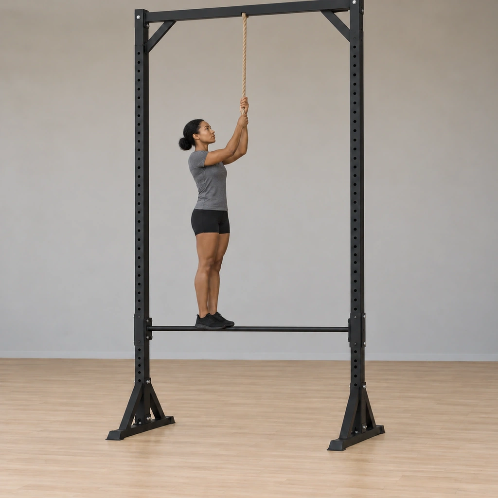 She pulls her hands back up the rope hand over hand, her straight body rising from the lean back toward standing on the bar.