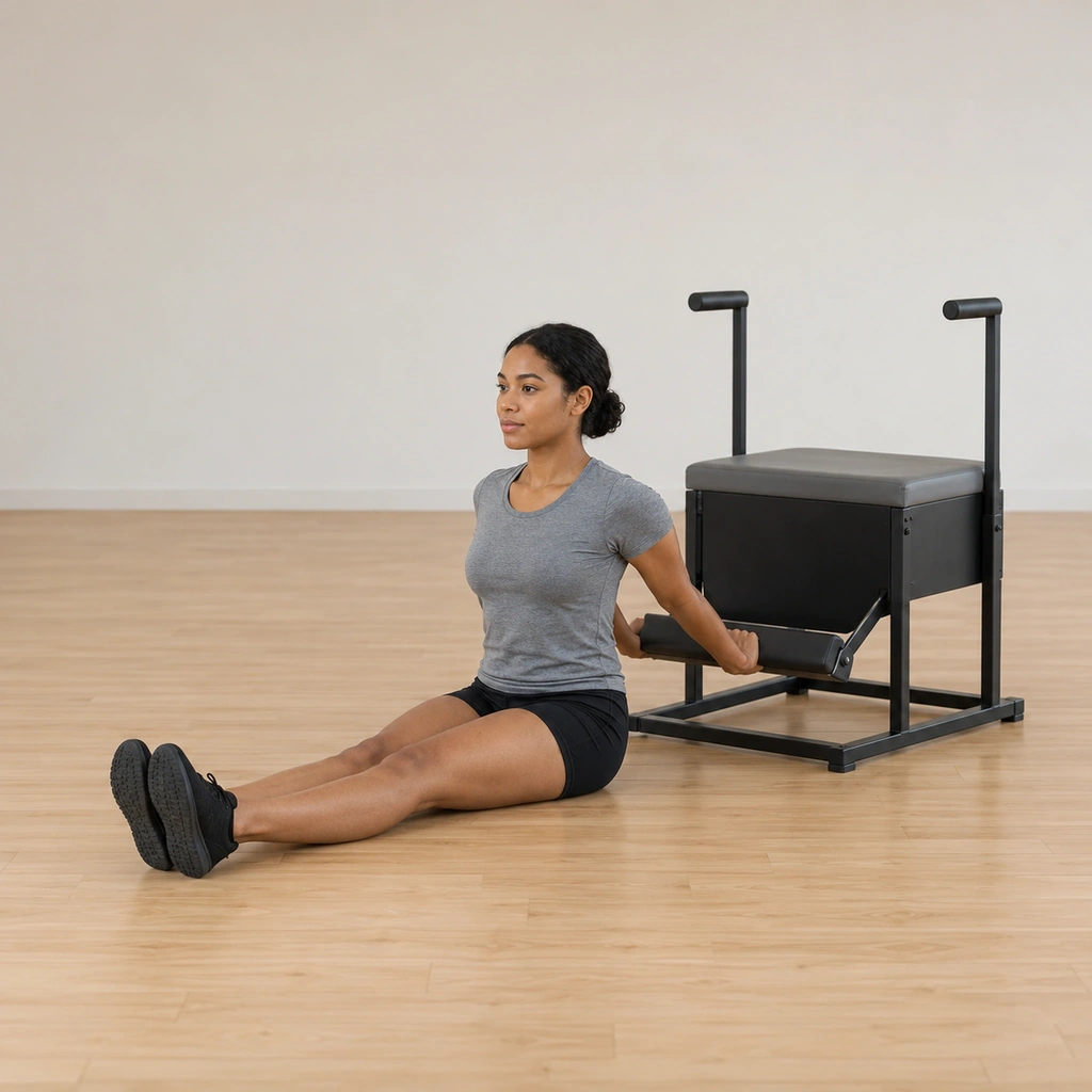 She sits tall on the floor with her back to the wunda chair pedal, both hands planted on it behind her with palms facing away, her shoulders stacked over her hips and her legs squeezed straight out in front.