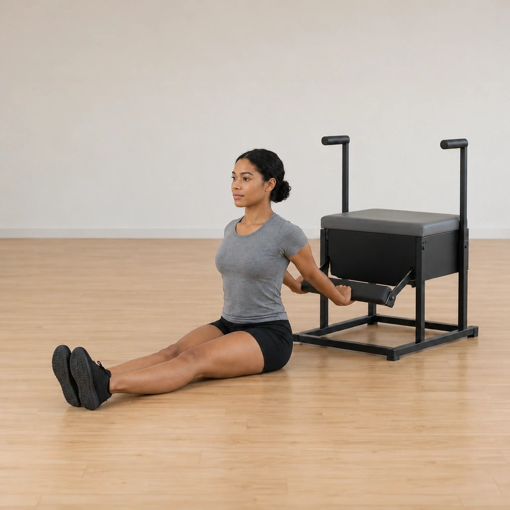 The pedal is lifted behind her by both hands from her upper back, her shoulders still open and stacked over her hips, her legs still squeezed straight out.