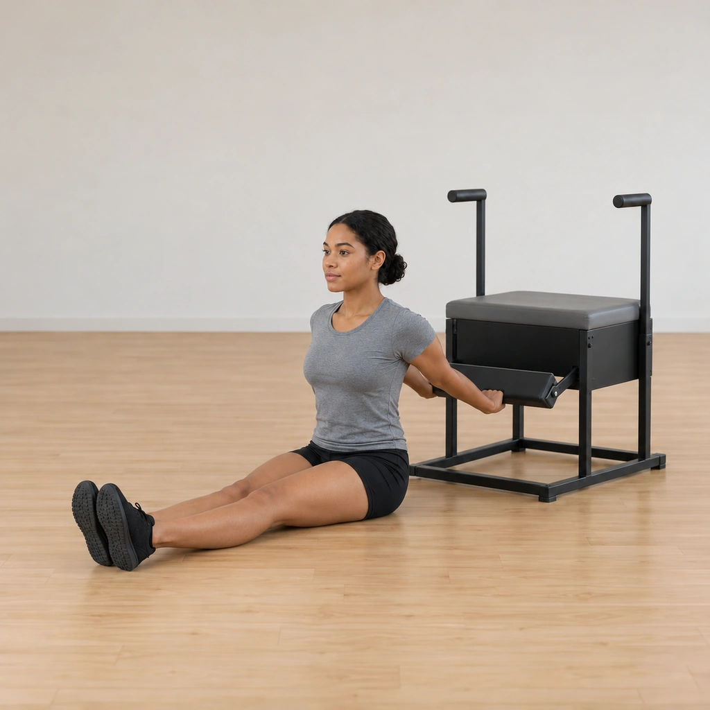 She holds the pedal at its high point behind her, her head stacked over her shoulders, her arms still connected to her back and her legs still squeezed straight out in front.
