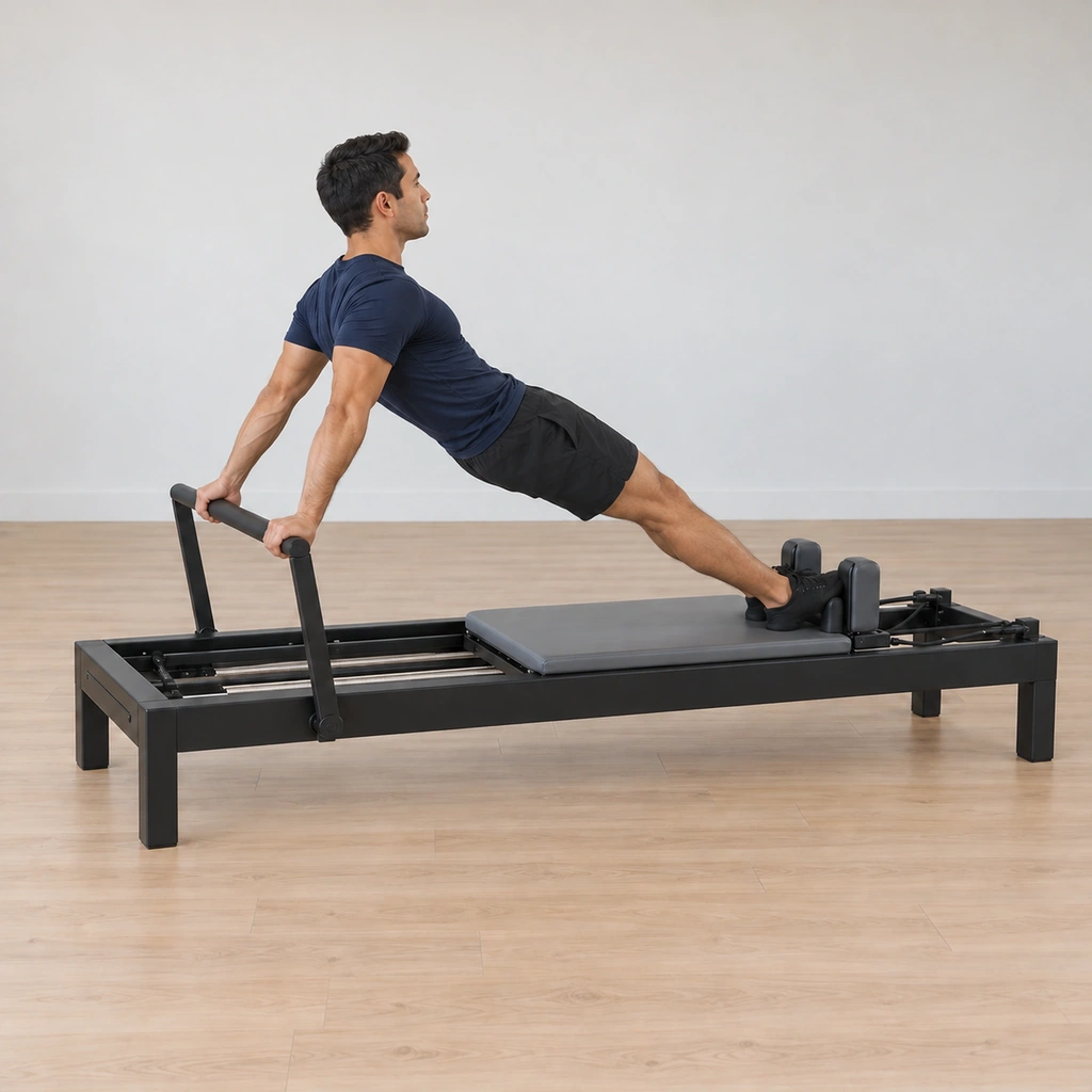 His seat has reached forward carrying the carriage out, then his hips are lifted high with the carriage held still, the box pattern of the long back stretch through the hips.