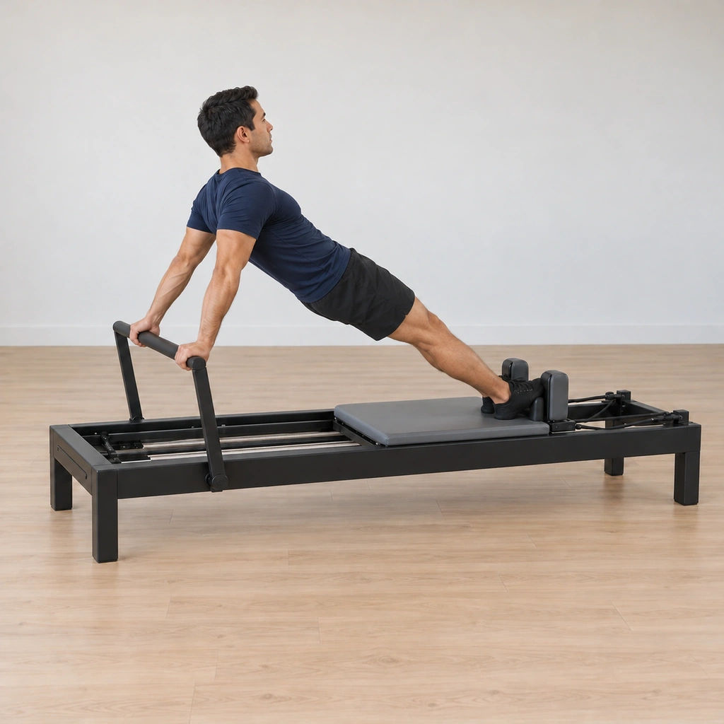 In the reversed pattern his hips are lifted as the carriage presses out, then the hips and legs lower toward the carriage with the springs held, his arms pressing toward straight.