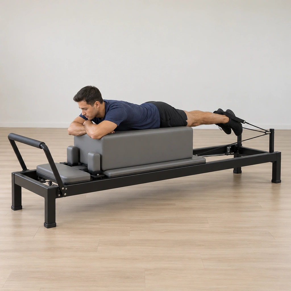 A man lies prone on the long box facing the foot bar, knees just past the box edge, feet in the rope straps, arms crossed under his chest.