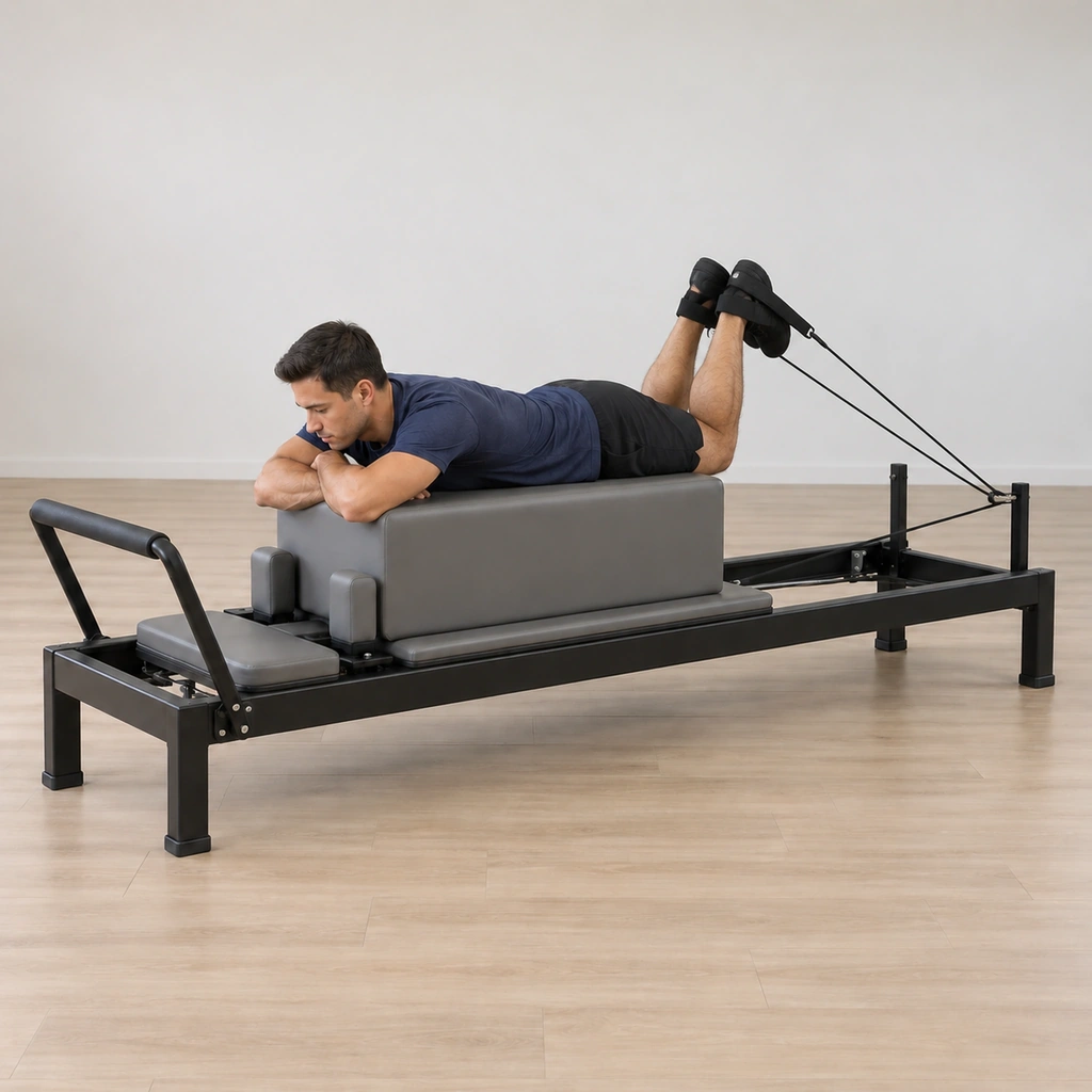 He is bending both knees, heels rising toward his buttocks, pelvis still pressed flat into the box.