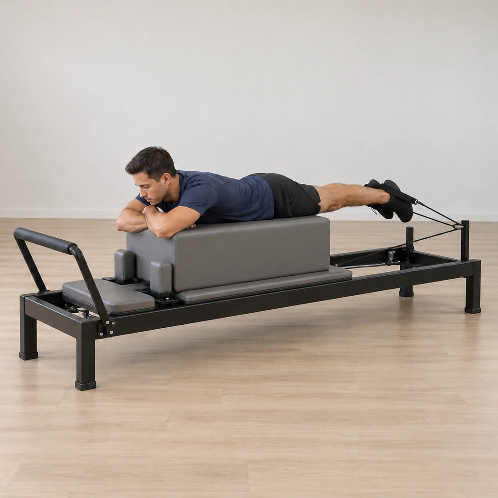 He is lowering his heels back out, knees opening toward straight, pelvis still pressed into the box.