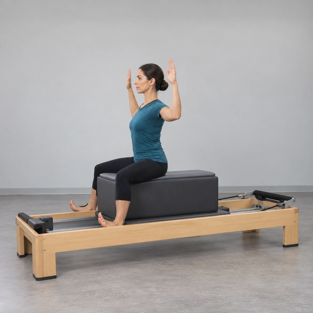 A woman seated upright astride a Pilates reformer's long box, spine tall, both hands raised at the sides of her body.