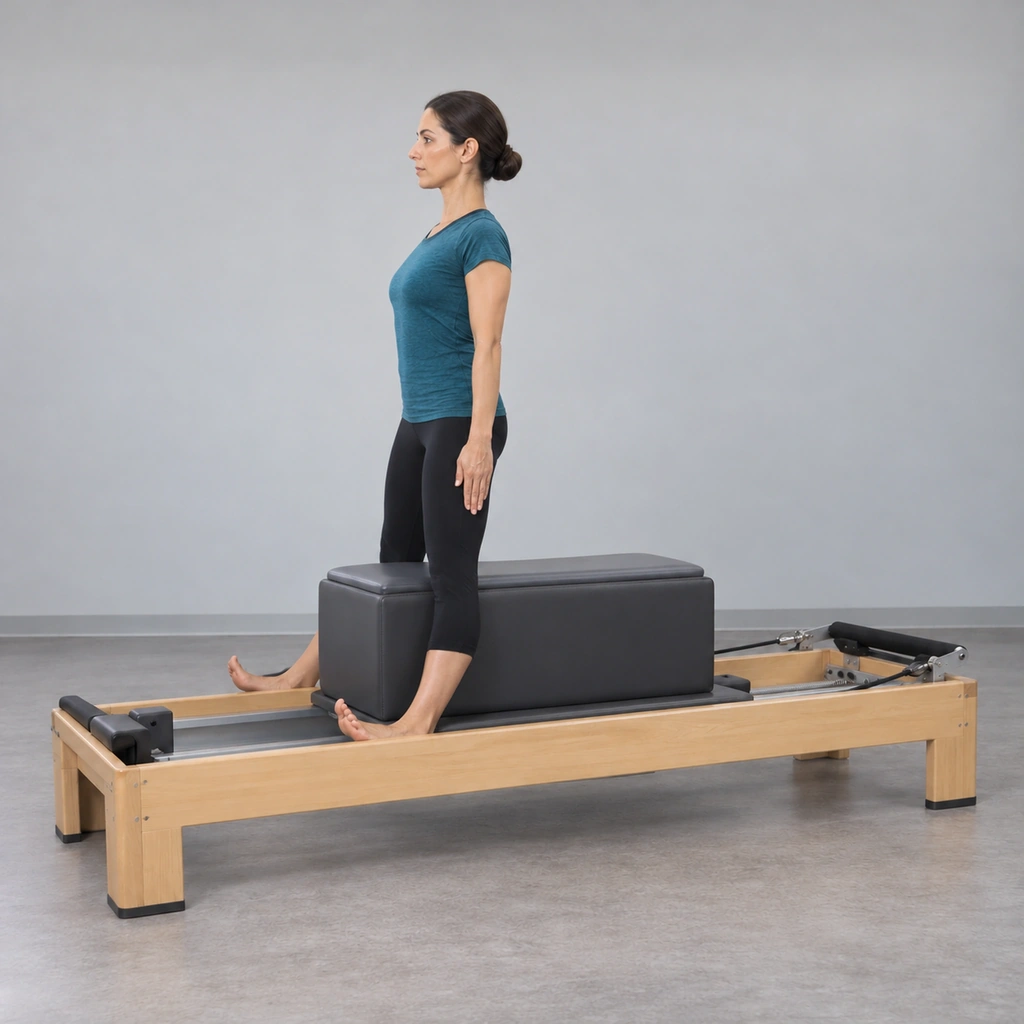 The same woman, now standing tall astride the long box, arms hanging straight down along her sides.
