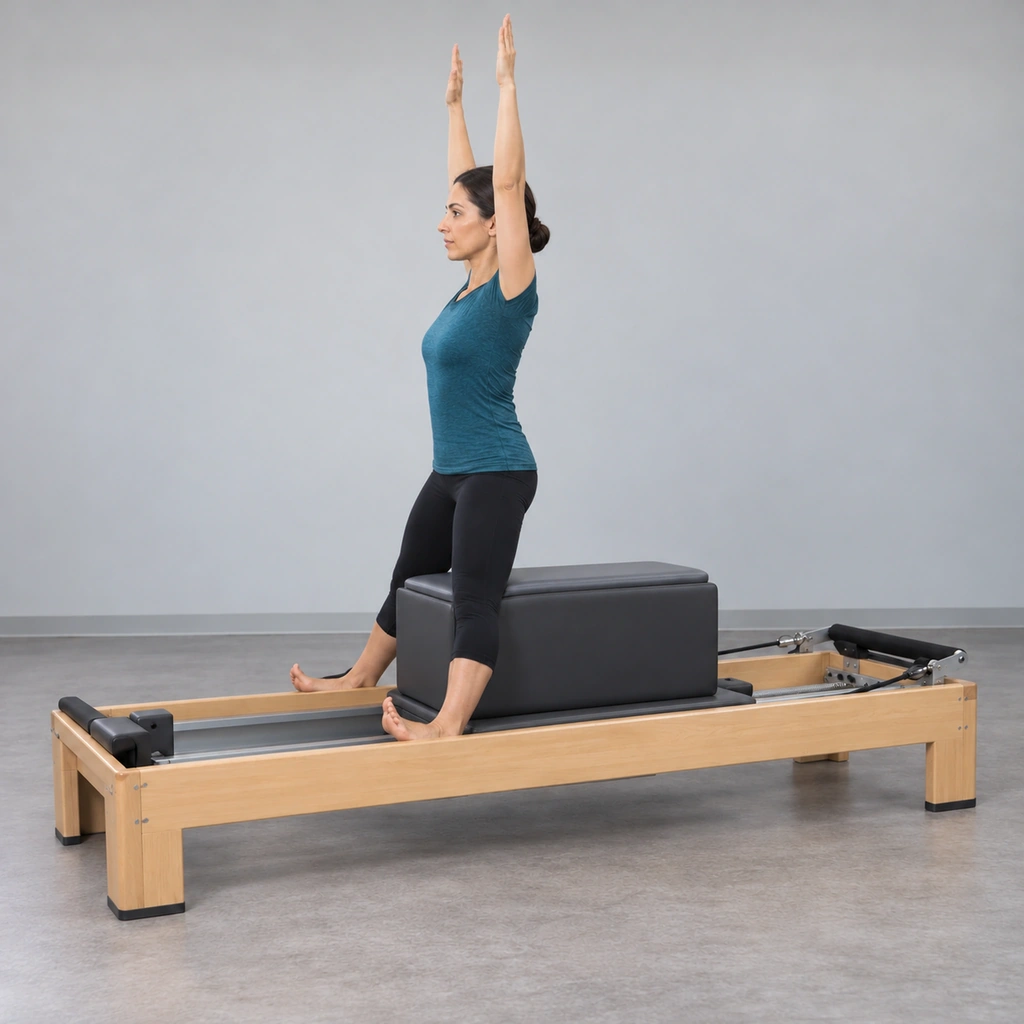 The same woman, still standing tall astride the box, both arms now stretched forward and overhead, close to her ears.