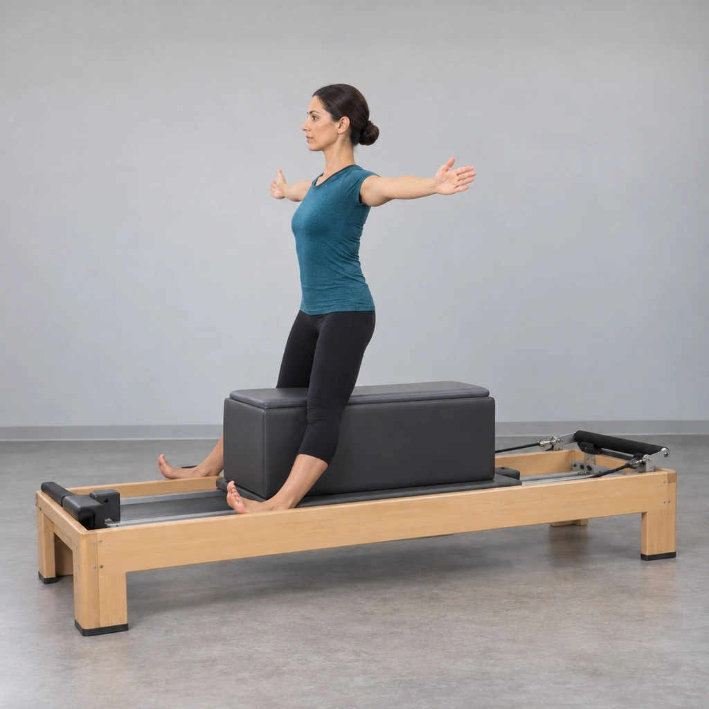 The same woman, still standing tall astride the box, both arms now stretched straight out to the sides at shoulder height.