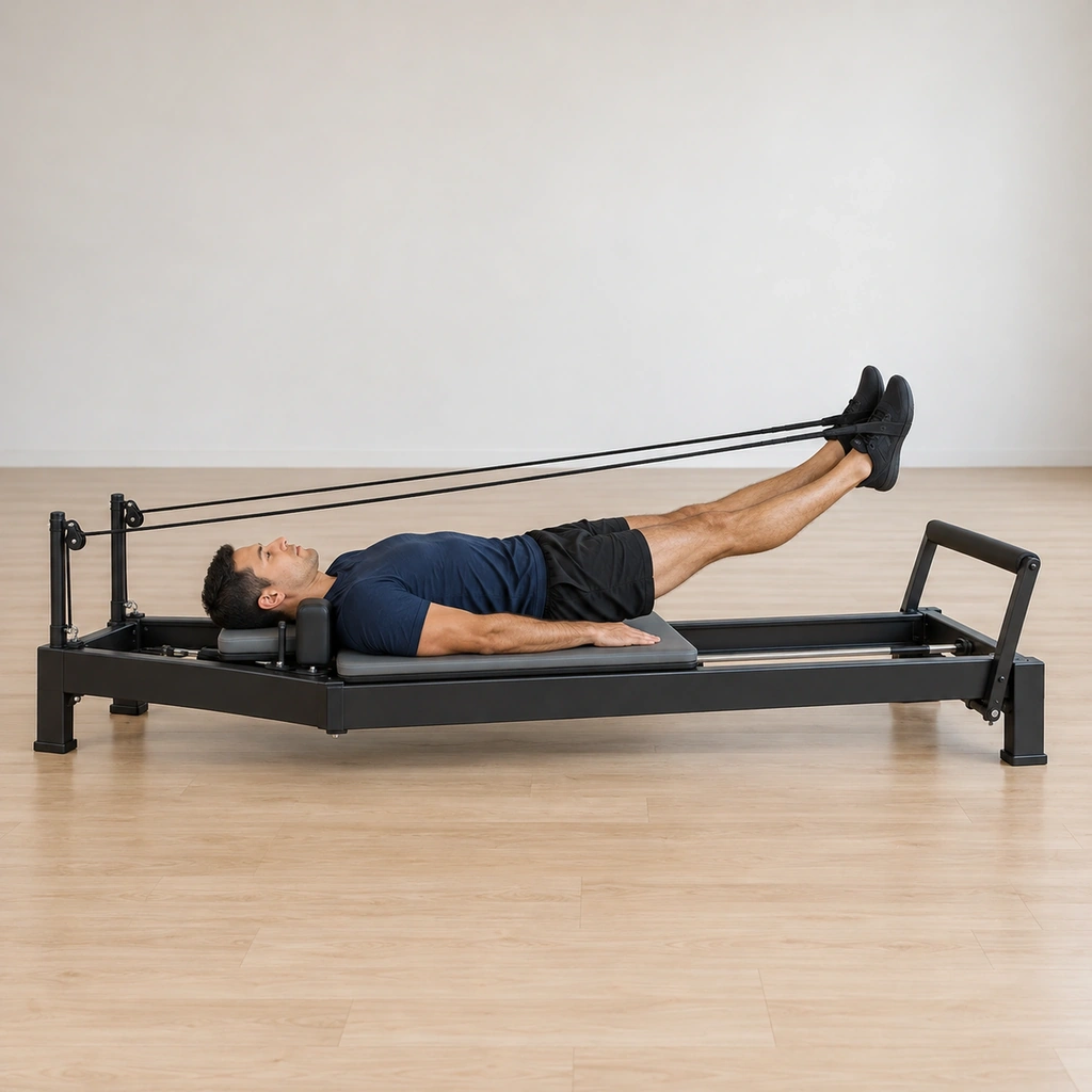 He lies supine on the carriage with both feet secured in the long strap loops, his arms pressed long by his sides, his head on the lowered headrest and the straps already drawing tension.
