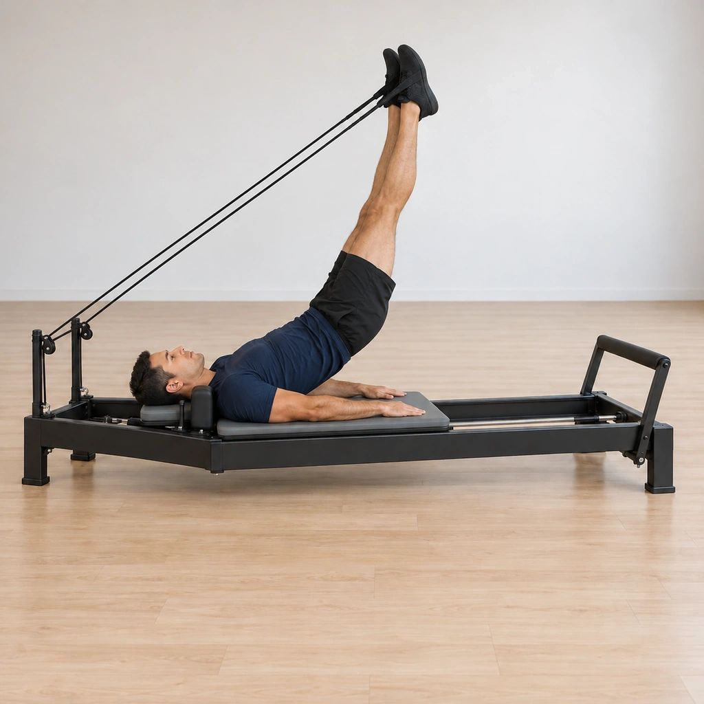 His legs have circled back together in the loops and his hips are levitating back up toward the stand line, the strap tension carrying the lift smoothly.