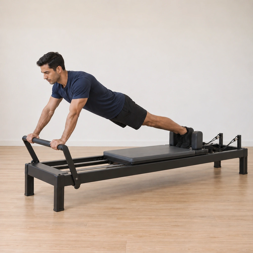 He is pressing the foot bar, the carriage just beginning to slide backward under his toes, the plank line unbroken.