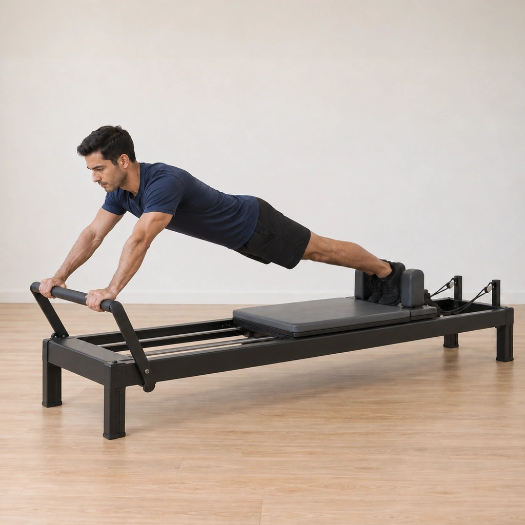 He has pressed the carriage well back, shoulders deeply flexed over the bar, the plank line still unbroken.