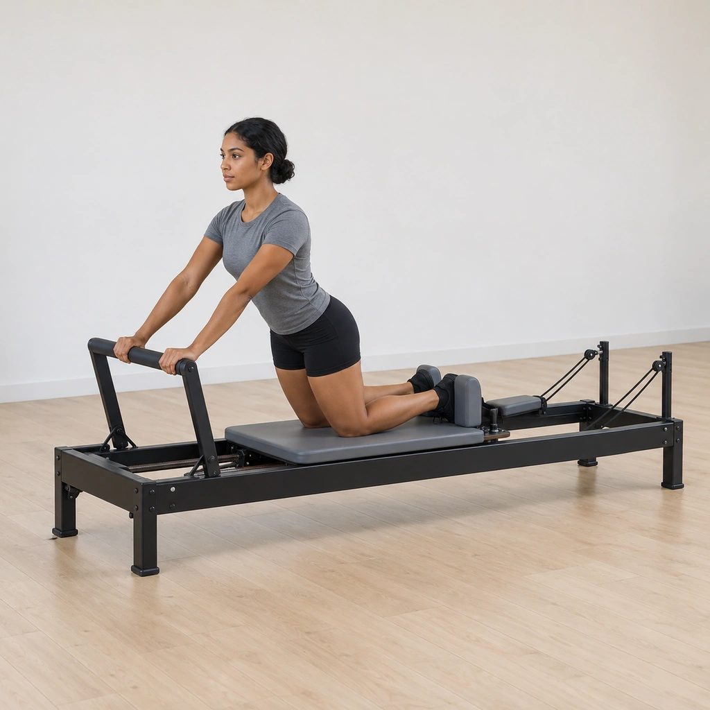 A woman kneels upright on the reformer carriage facing the foot bar, both hands on the bar, spine neutral, soles of her feet against the shoulder blocks behind her.