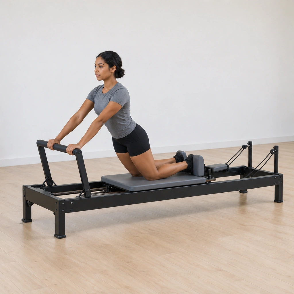 She is pressing the foot bar, the carriage just beginning to slide backward under her shins, spine still neutral.