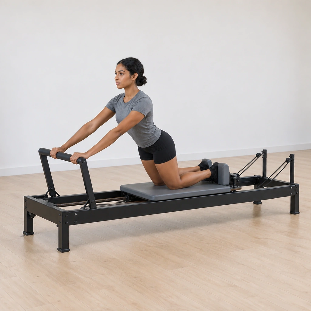She has pressed the carriage well back, her shoulders now flexed over the bar, the kneeling spine still neutral.
