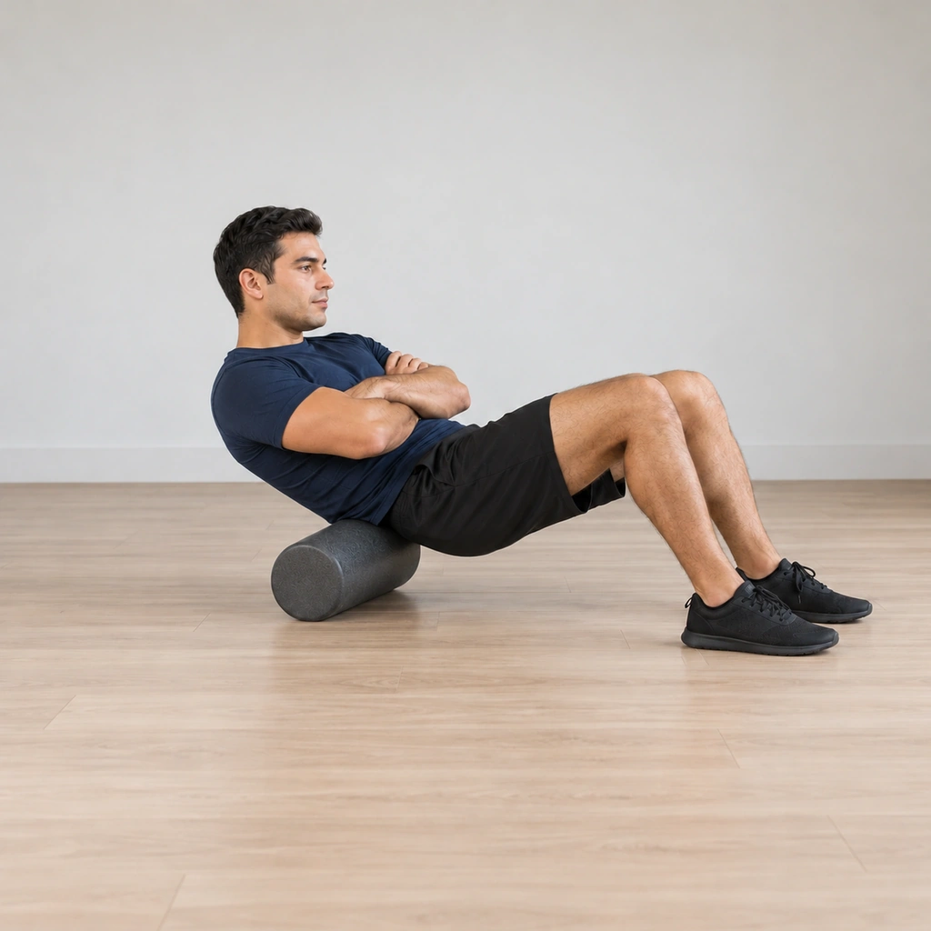 His hips are raised off the floor and he leans back so his weight rests on his lower back over the roller, arms still crossed, shoulders protracted.