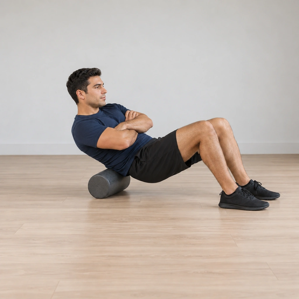 His weight has shifted slightly to his right, the lower-back muscles beside the spine bearing on the roller, the spine itself kept off the roller.