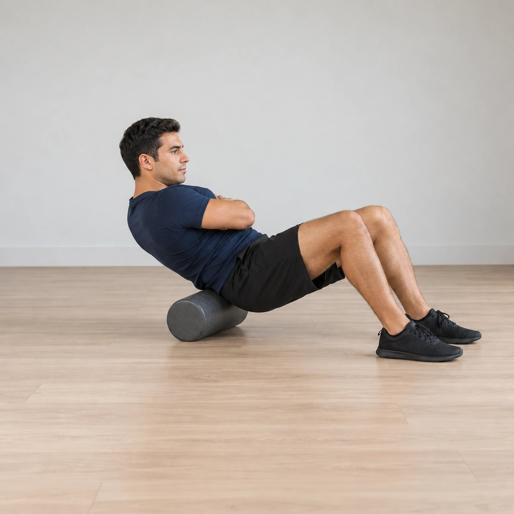 His weight has now shifted slightly to his left, the other side of the lower back bearing on the roller, hips still raised.