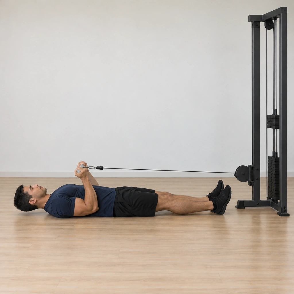 He is curling the bar upward - elbows flexed, the bar halfway to his shoulders, upper arms still on the floor and his body flat.