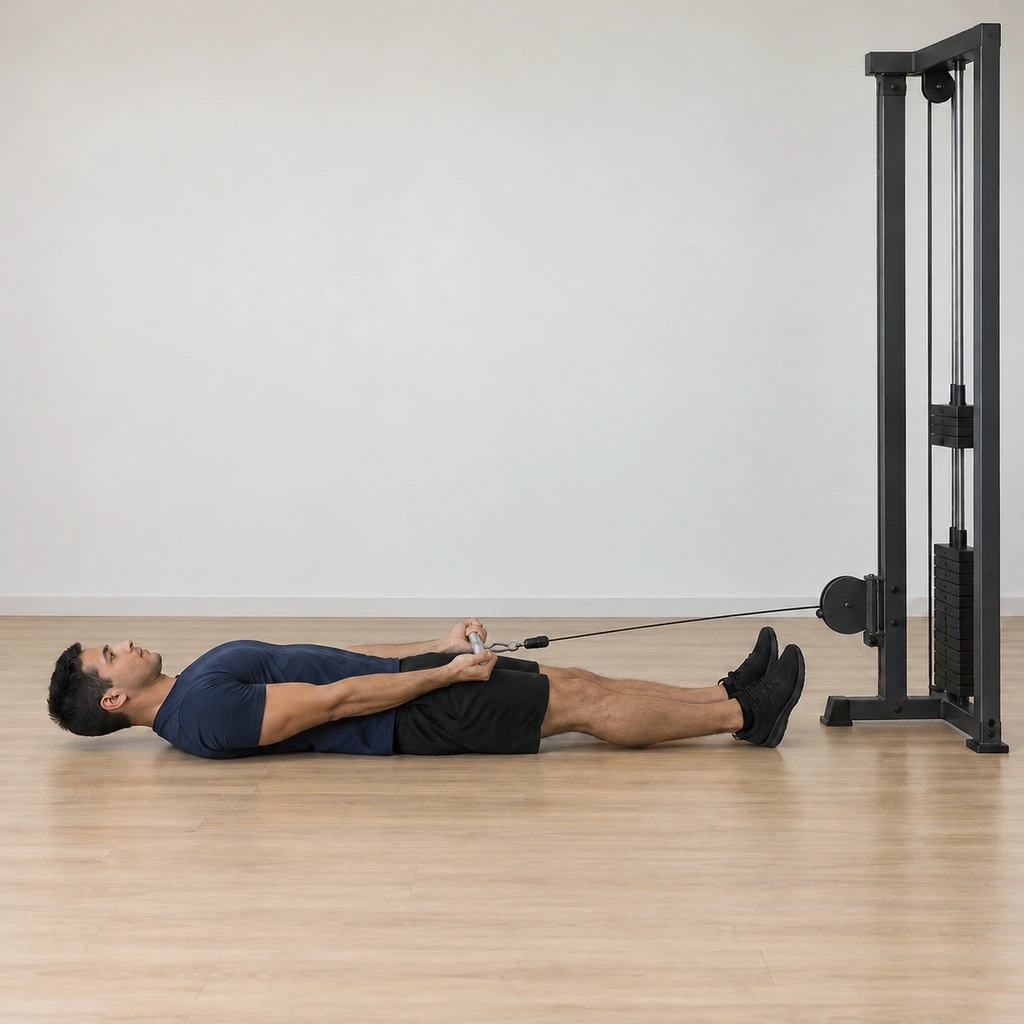 He is lowering the bar under control back toward his thighs - the elbows extending slowly, the body still flat, the cable still taut.