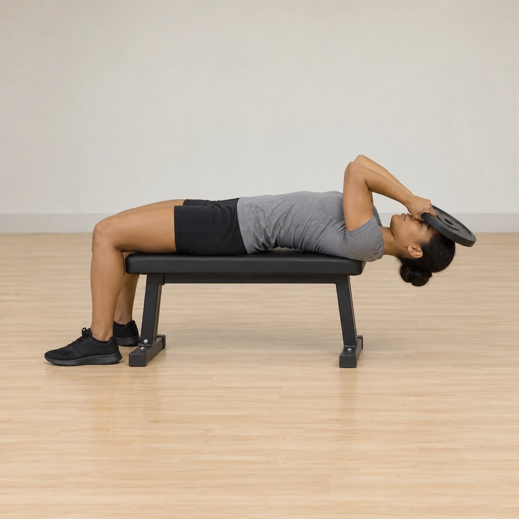 She lies supine straight on the flat bench, head off its end, hands holding the plate on her forehead, head lowered back toward the floor.