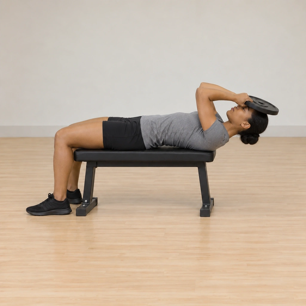 She raises her head forward in a semi-circular arc, the plate secured on her forehead, neck flexing while supine on the bench.