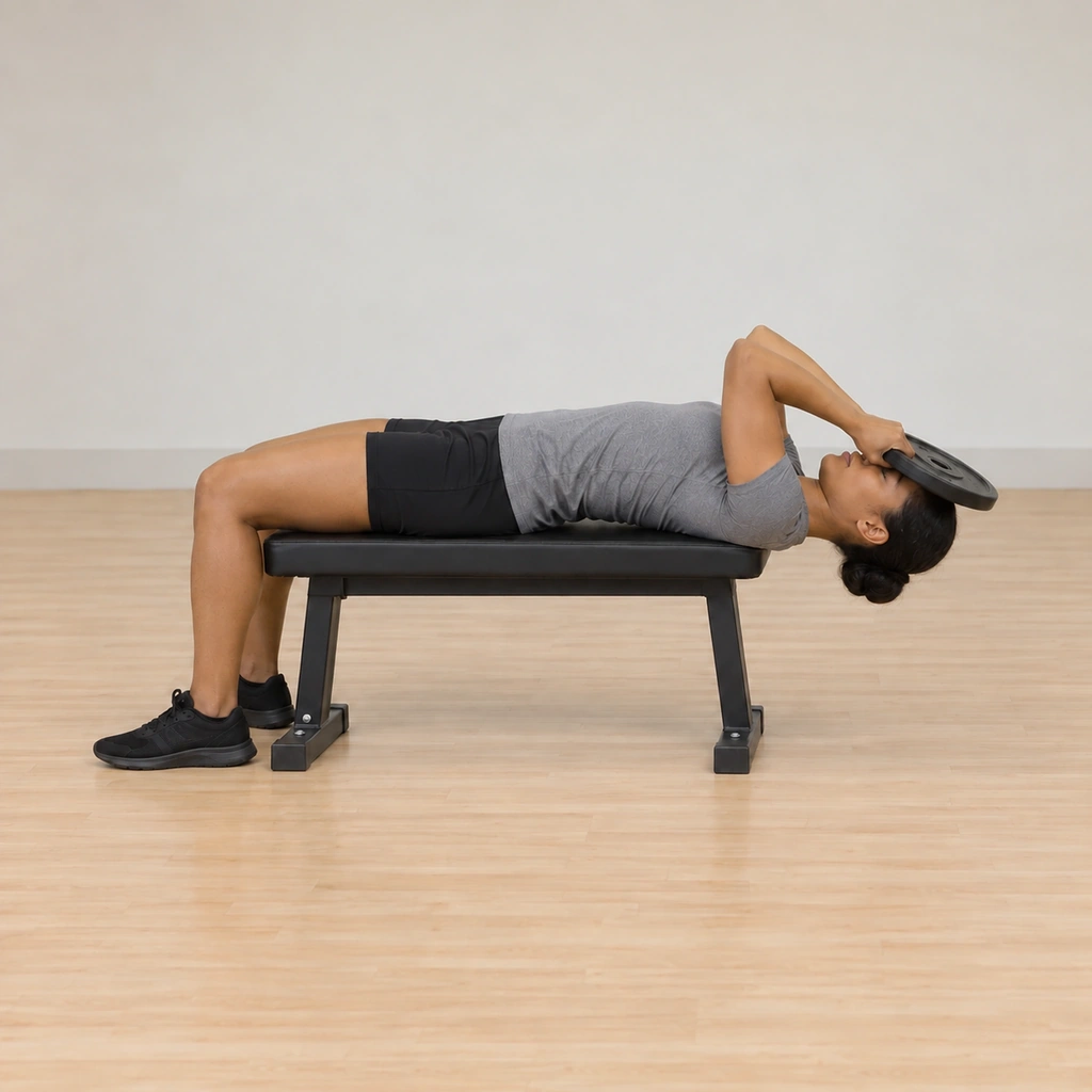 She lowers her head back under control toward the floor again, the plate secured on her forehead for the next rep.