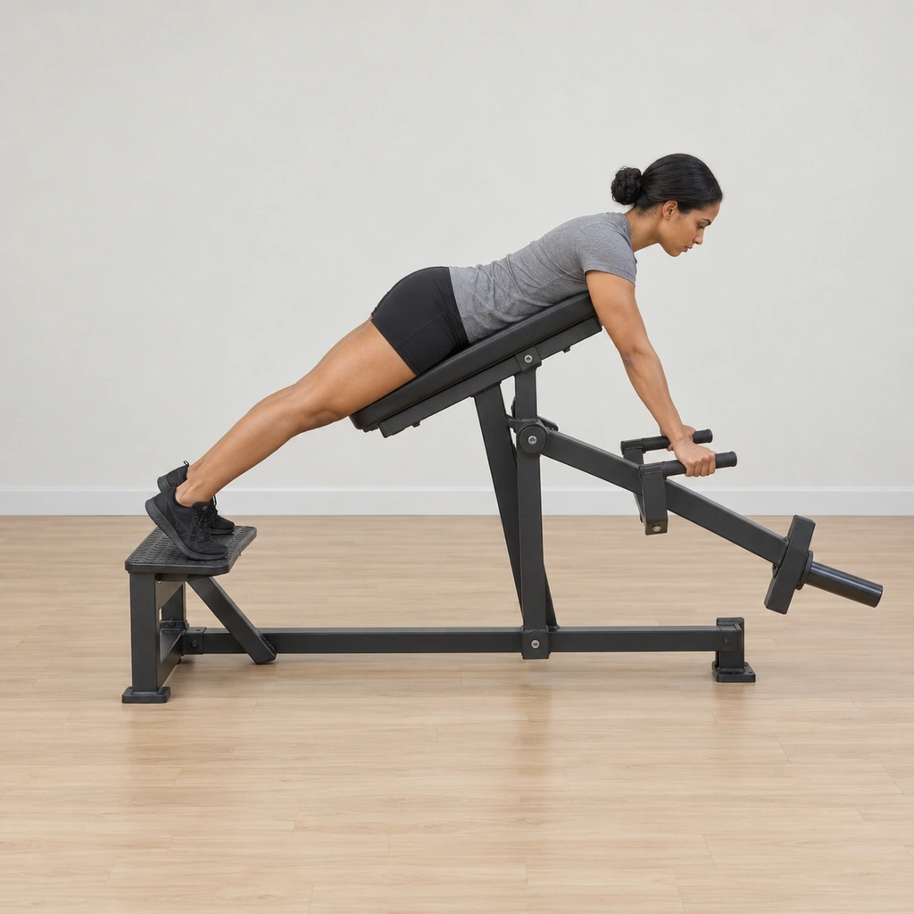 She lies face down on the machine's angled chest pad: upper chest resting at the top of the pad, feet planted on the platform step behind her, arms hanging down toward the racked lever bar, face forward.