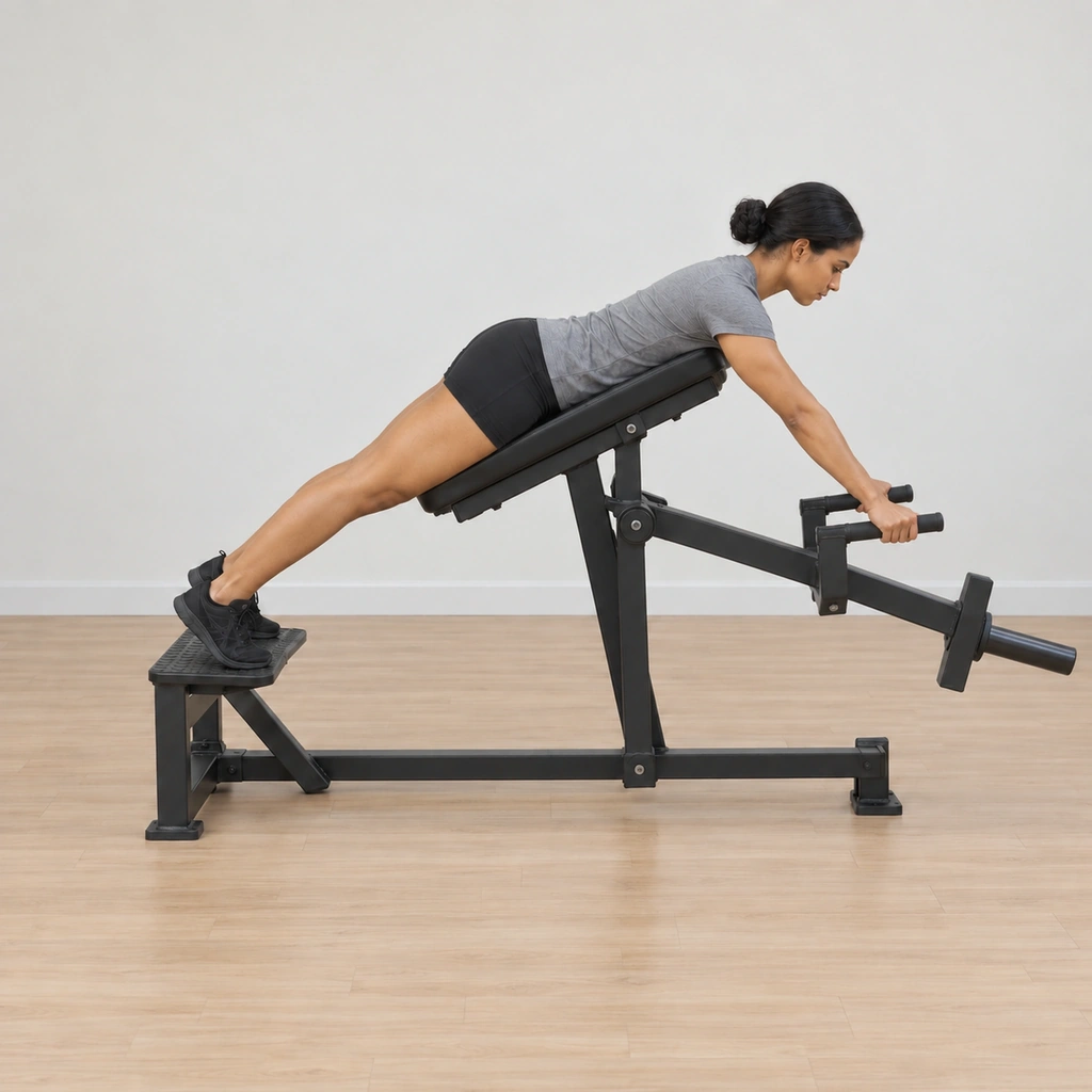 She has lifted the lever bar off its rack: both hands gripping the handles with the arms extended forward below the pad, the chest still resting on the pad, feet still on the platform, the bar hovering at full arm's length.