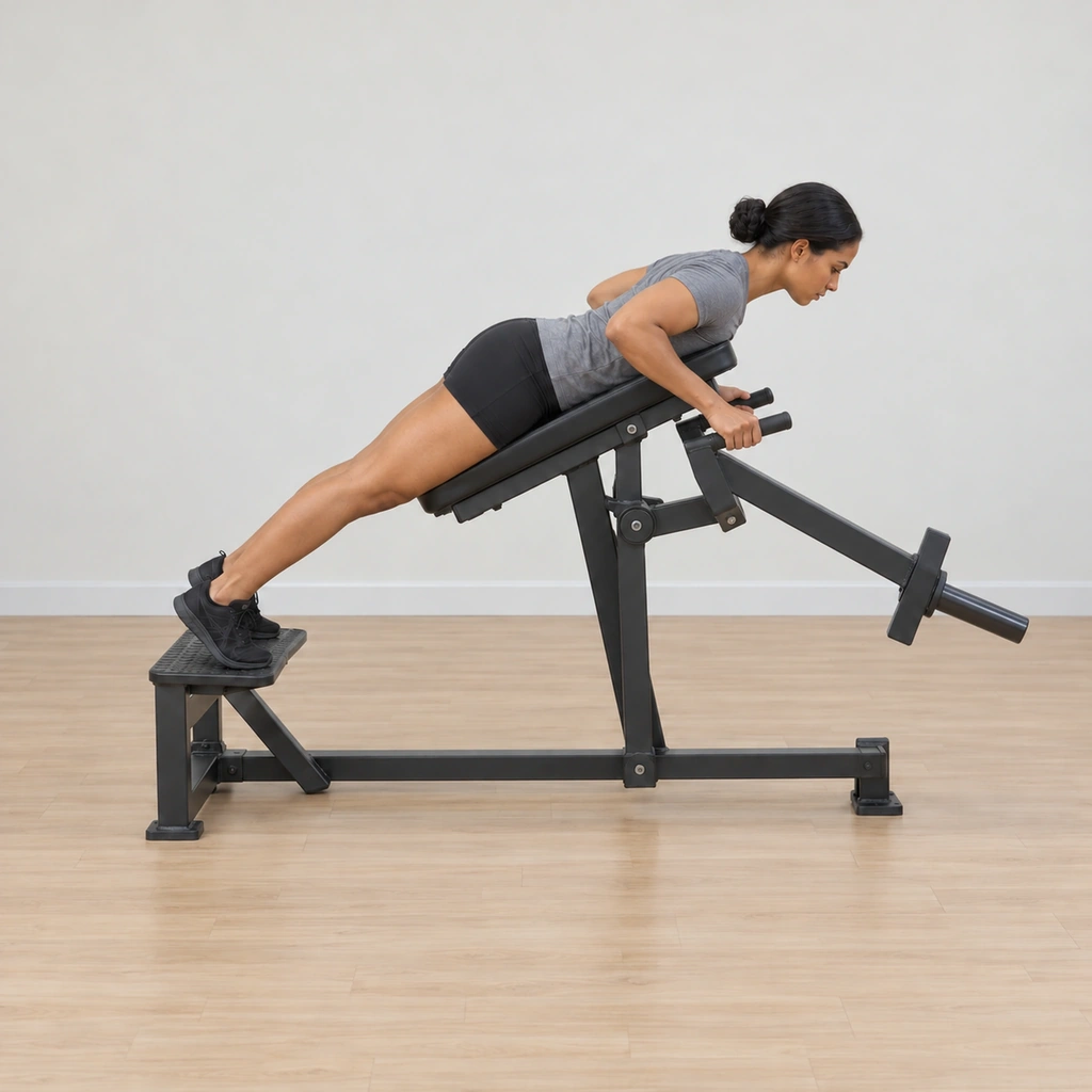 She pulls the lever handles upward: elbows bending and drawing back close along the body, the bar rising toward the chest level, the chest still pressed to the pad, feet still planted.