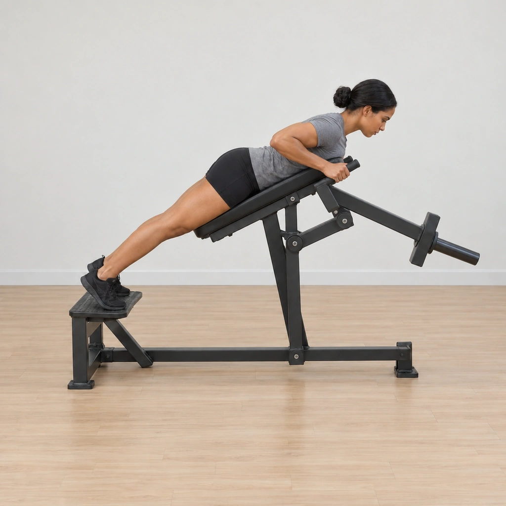 She completes the pull: handles drawn up to chest level beside the pad, elbows bent and back, shoulder blades squeezed together, chest still resting on the pad, feet still on the platform.