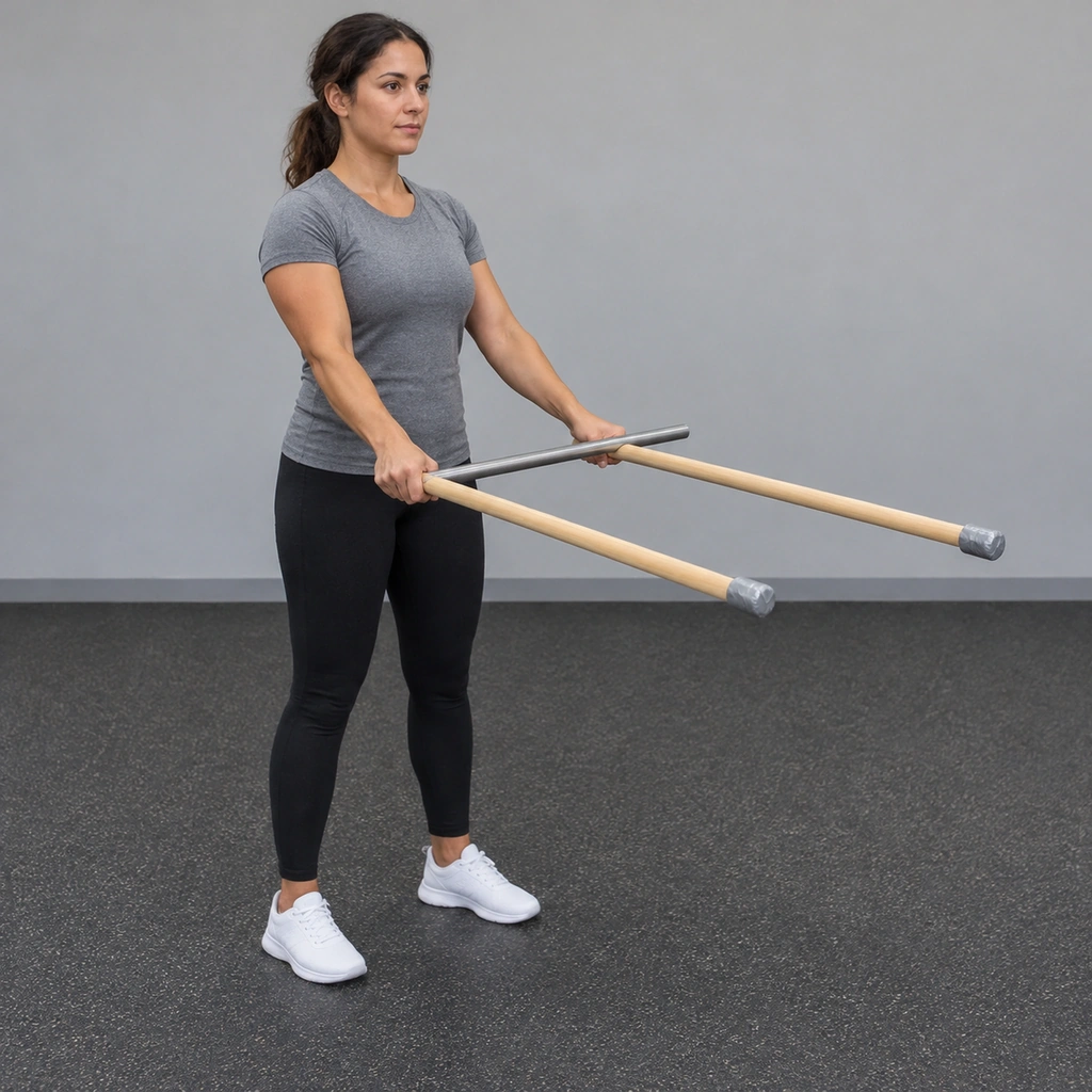 A woman standing, holding one stick in each hand, a straight steel bar resting across both sticks close to her hands.