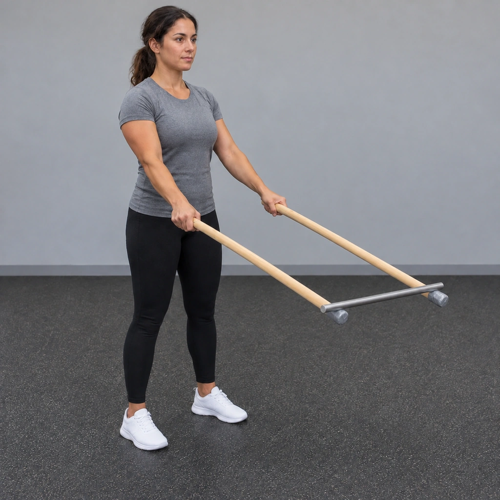 The same woman, now with the steel bar rolled out to the far, built-up ends of both sticks, the sticks tilted away from her.