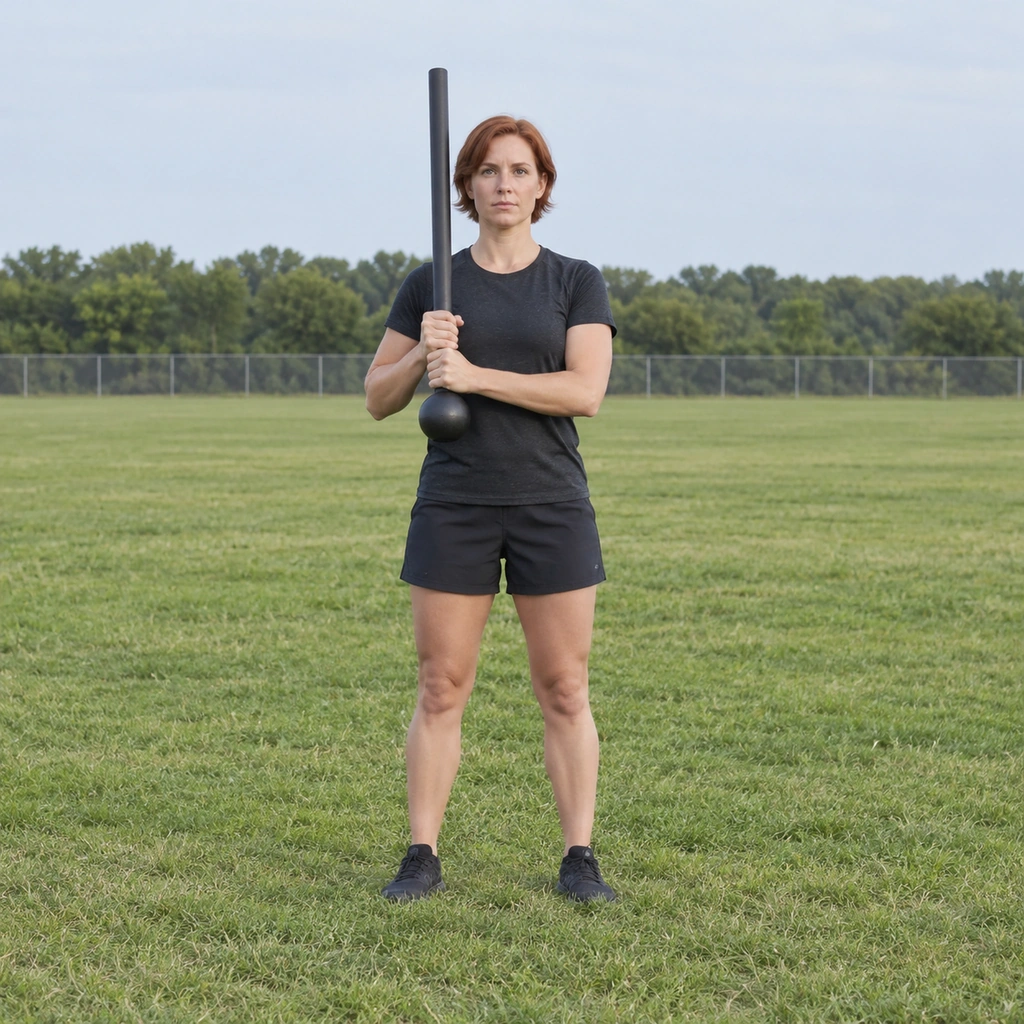 A woman holding a mace in the rack position in front of her shoulder on a two-hand grip.