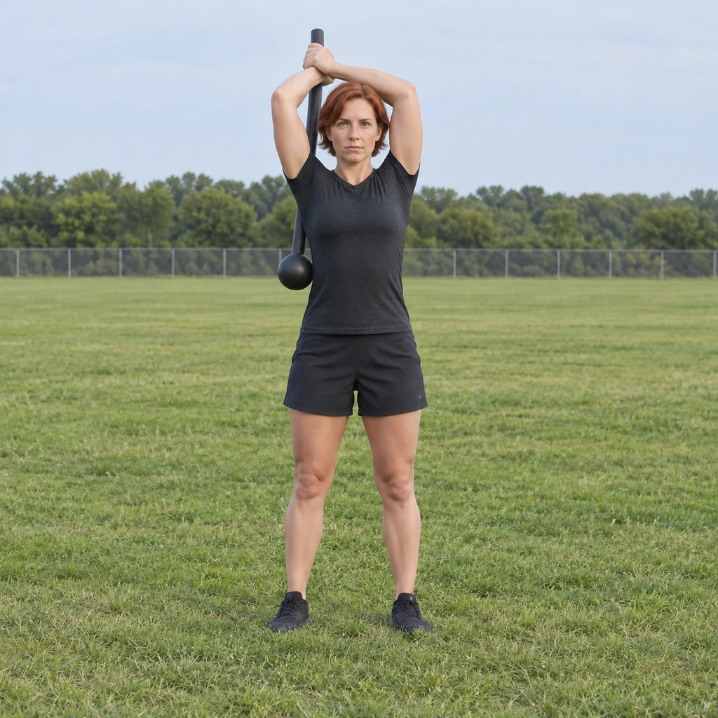 A woman with the mace dropped over her shoulder, hanging down her back, elbows bent up.