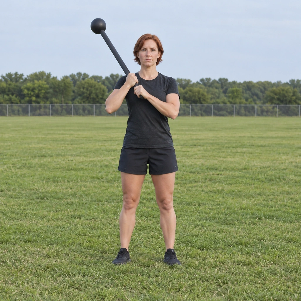 A woman pulling the mace over her opposite shoulder so its head stops at the 10 o'clock position.