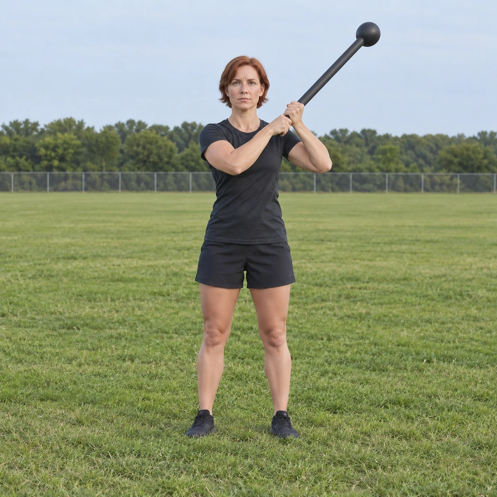 A woman pulling the mace over her other shoulder to the 2 o'clock position, completing one rep.