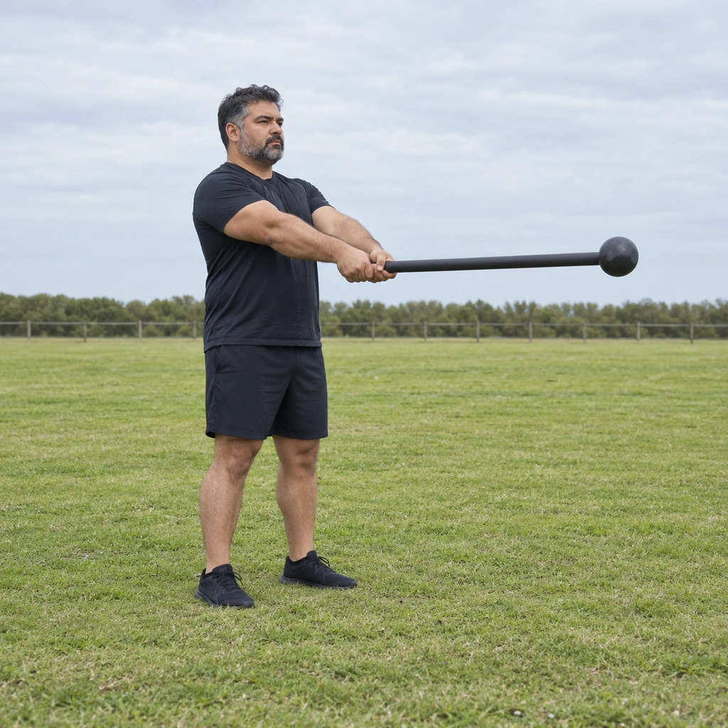 A man standing tall holding a mace extended straight out in front on a low grip.