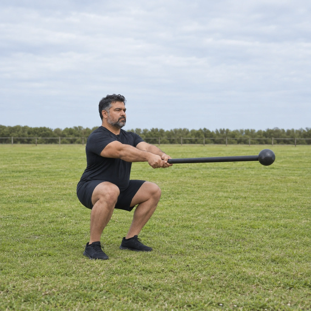 A man at the bottom of a squat, the mace still extended level out in front.