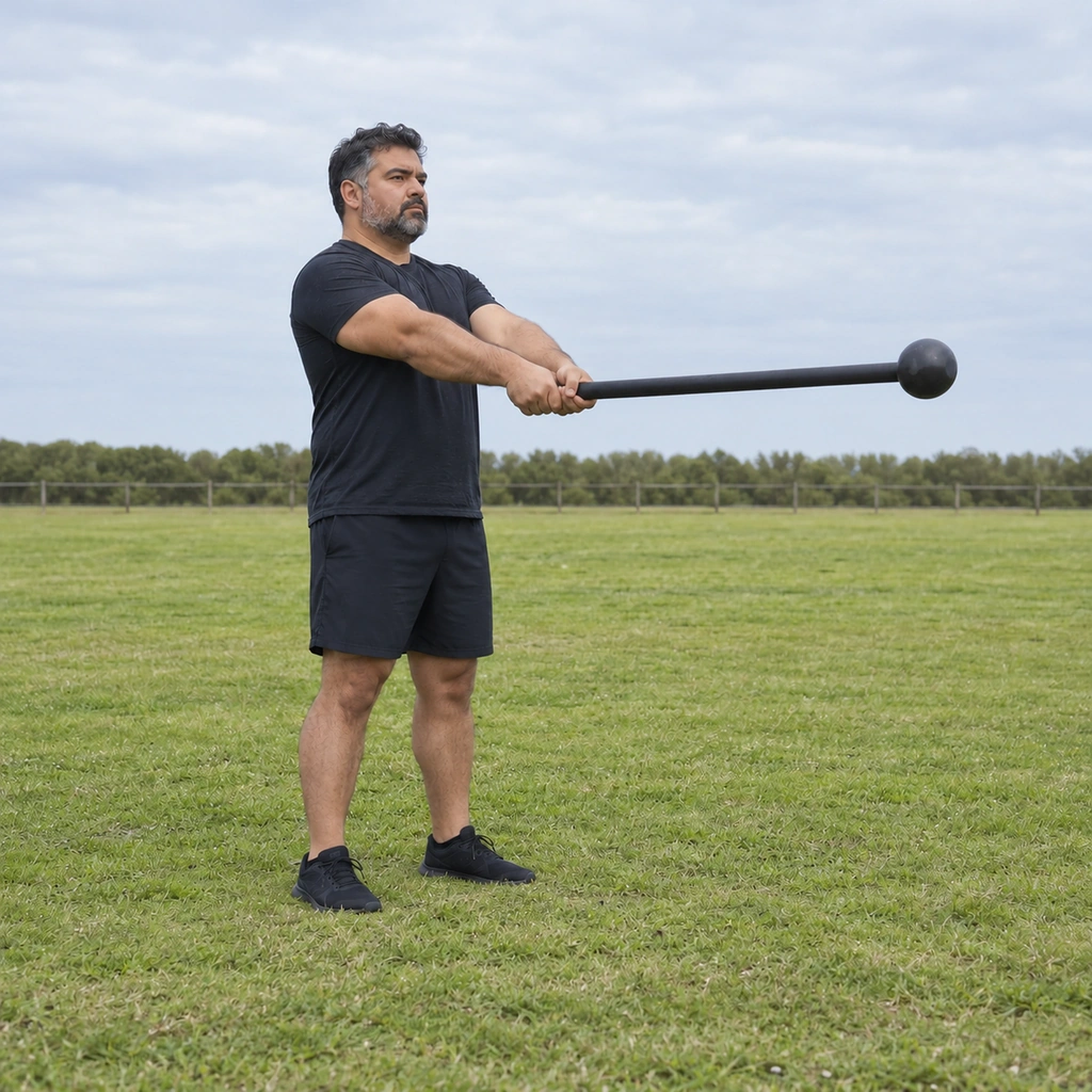 A man rising back to standing from the squat, the mace still extended level in front.