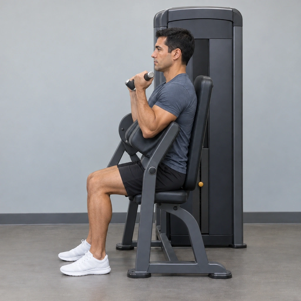The same man in the machine, now with both elbows fully flexed, his forearms pulled up close to his upper arms.