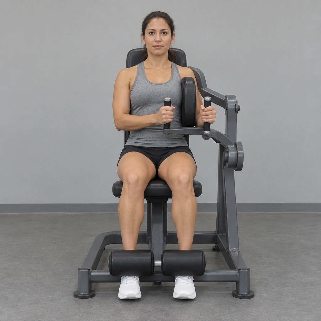 A woman sitting upright on a lever side-crunch machine, her left side beside the lever, the chest pad against her left side, hands on the handles and feet under the foot pads.