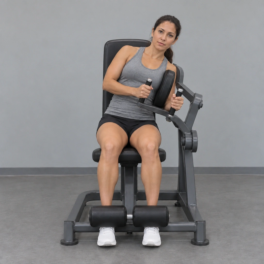 The same woman with her torso bent sideways to the left at the waist against the lever, hands still on the handles and feet under the pads.