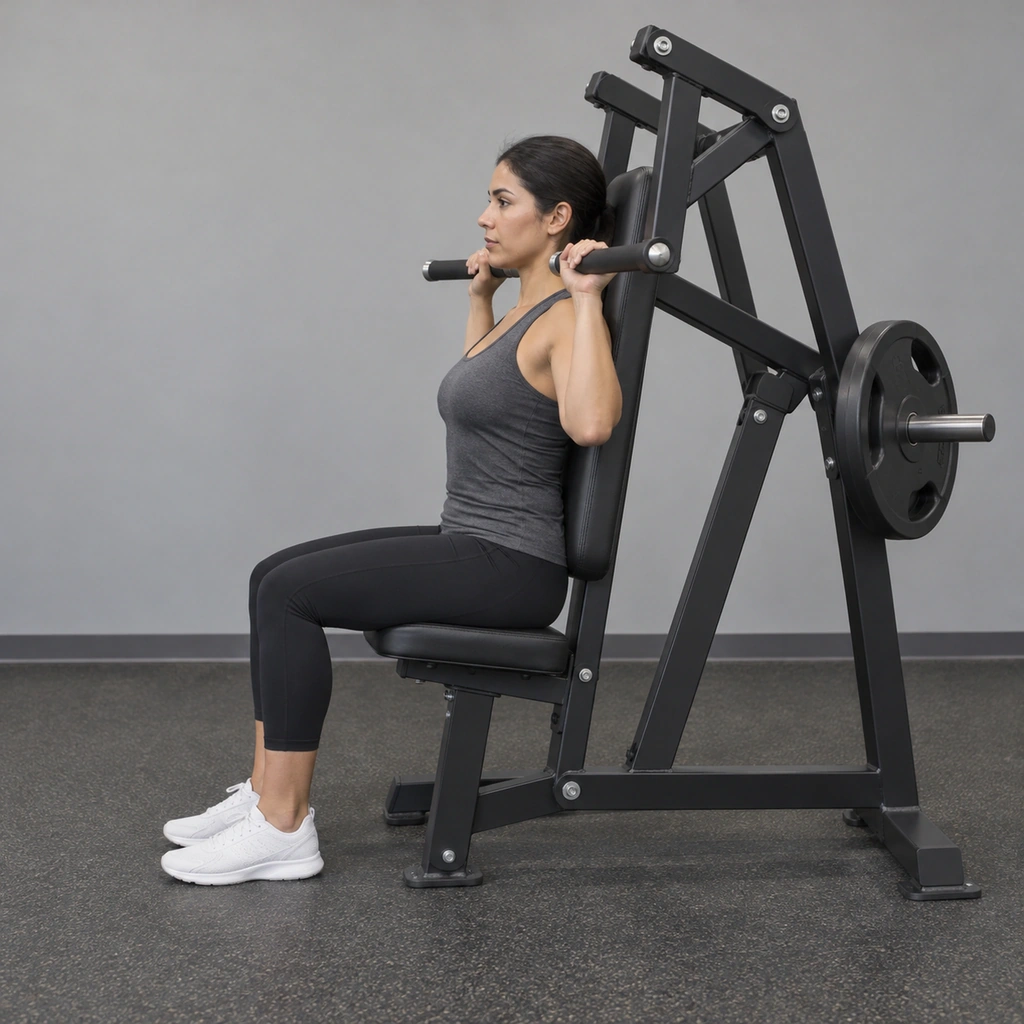 A woman seated at a shoulder-press machine, gripping the handles at shoulder height with her elbows bent.